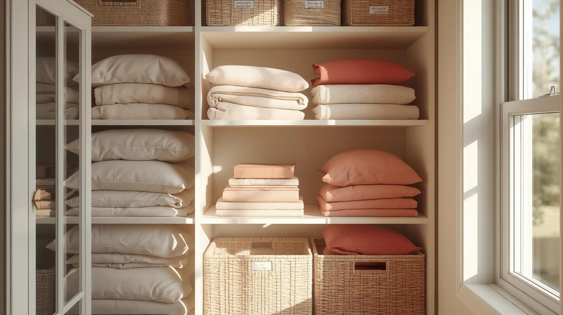A beautifully organized closet with labeled bins, folded linens, and soft textures. Coral or gold accents and natural light create a calm, intentional atmosphere. The space reflects transformation and care.