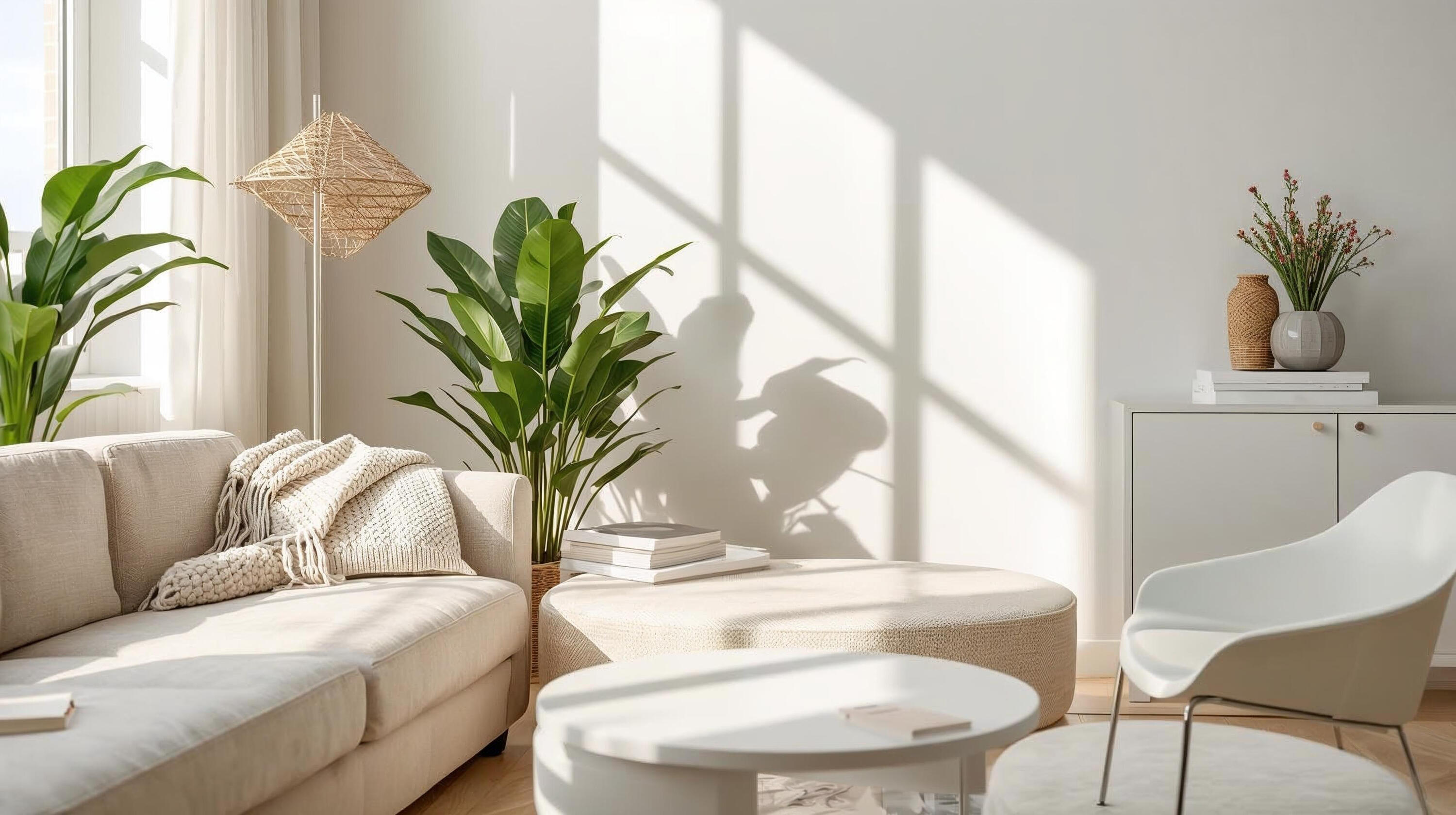 A softly lit, freshly cleaned living room with neutral tones, tidy surfaces, and natural light. The space feels calm, welcoming, and professionally maintained.